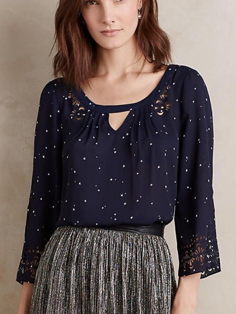 Anthropologie Teni Blouse Navy Blue White Dot Lasercut Details